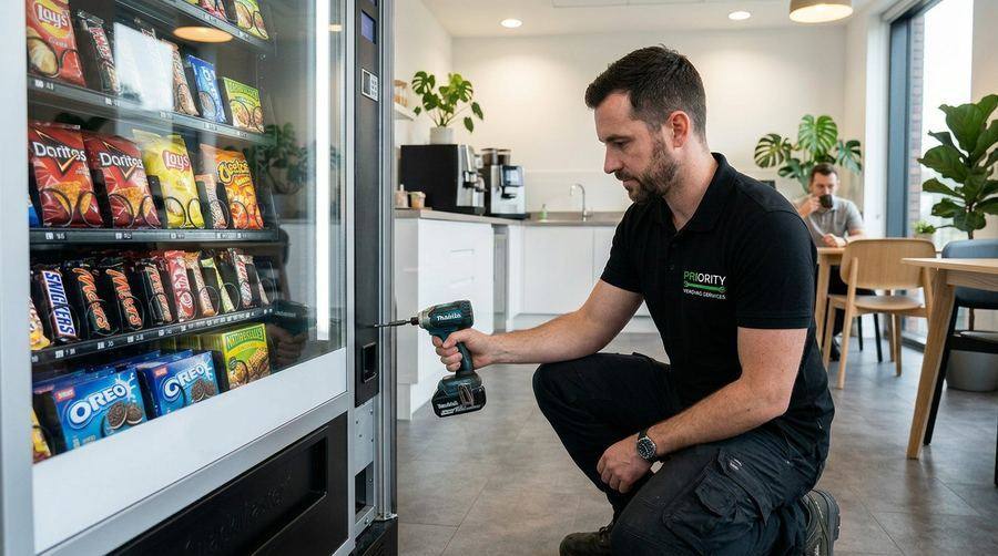 Priority Vending Services technician repairing vending machine